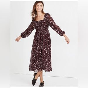 (Re)sourced Georgette Sheer-Sleeve Smocked Midi Dress in Rich Paisley (Size S)